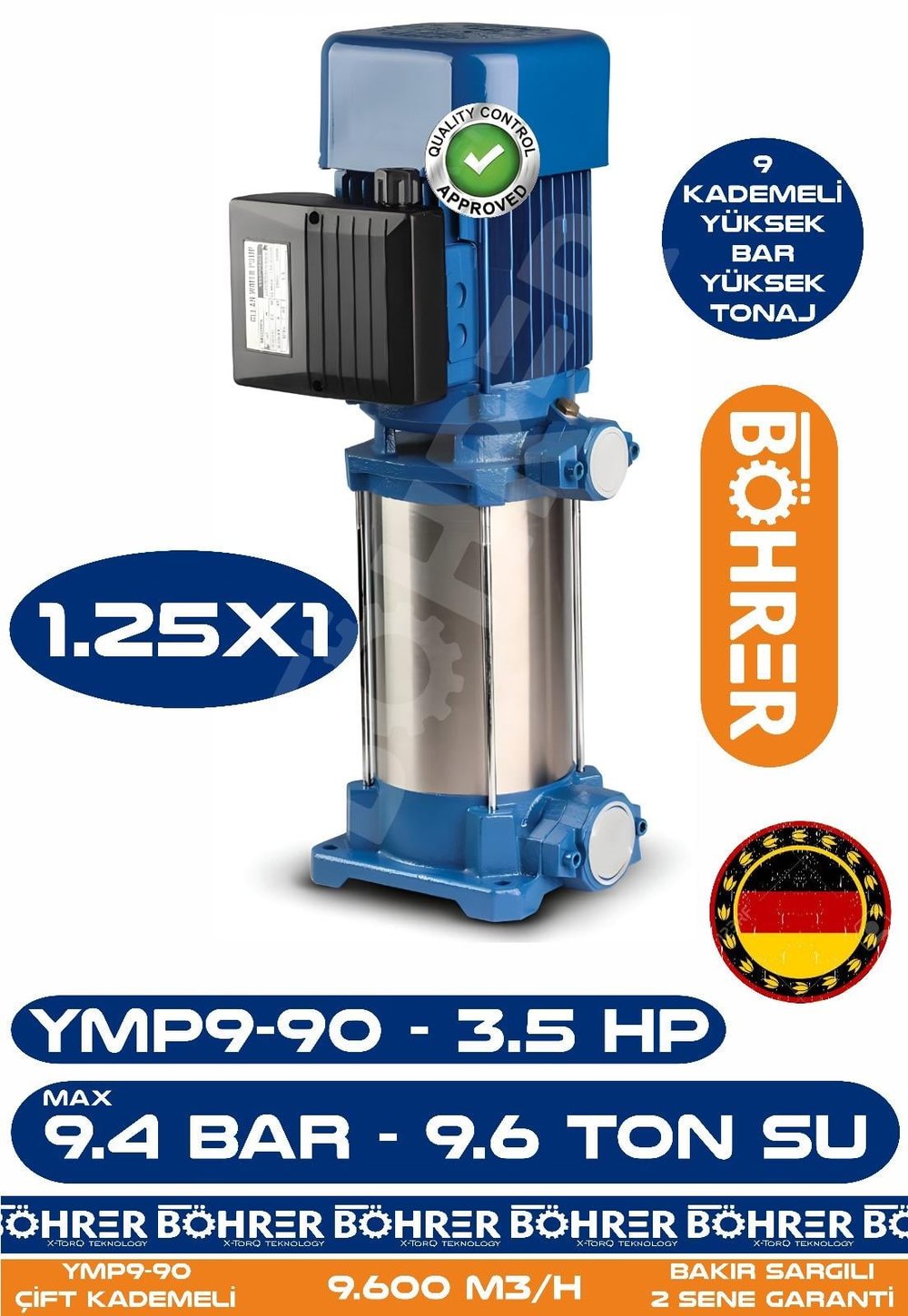 Alman YMP9-90 Yatay Milli 3.5 HP 9.4 Bar 9.6 Ton Su - Kademeli Su Pompası - Bakır Sargılı - Su Motoru Profesyonel Çözüm