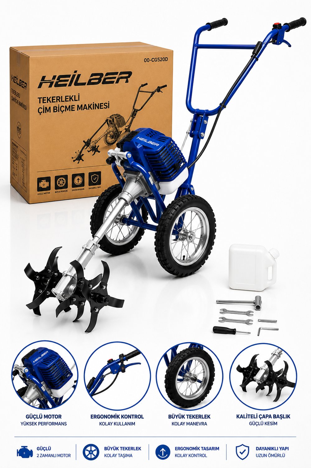 BA011520 Tekerlekli Benzinli Çim Biçme ve Çapa Makinesi 2 Zamanlı Güçlü Motor Bahçe Toprak İşleme Makinesi