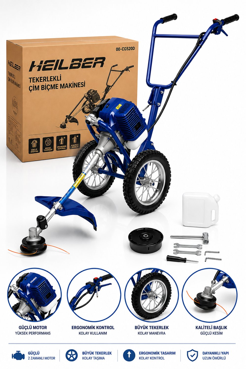 BA011521 Tekerlekli Benzinli Ot Çim Biçme Makinesi 2 Zamanlı Motorlu Tırpan Bahçe Çim Kesme Makinesi