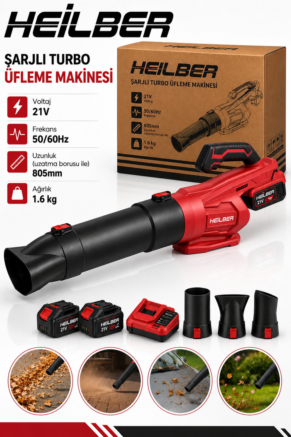 BA011522 21V Şarjlı Turbo Üfleme Makinesi 2 Akülü Kömürsüz Yaprak Toz Araç ve Bahçe Temizleme Blower 3 Uçlu