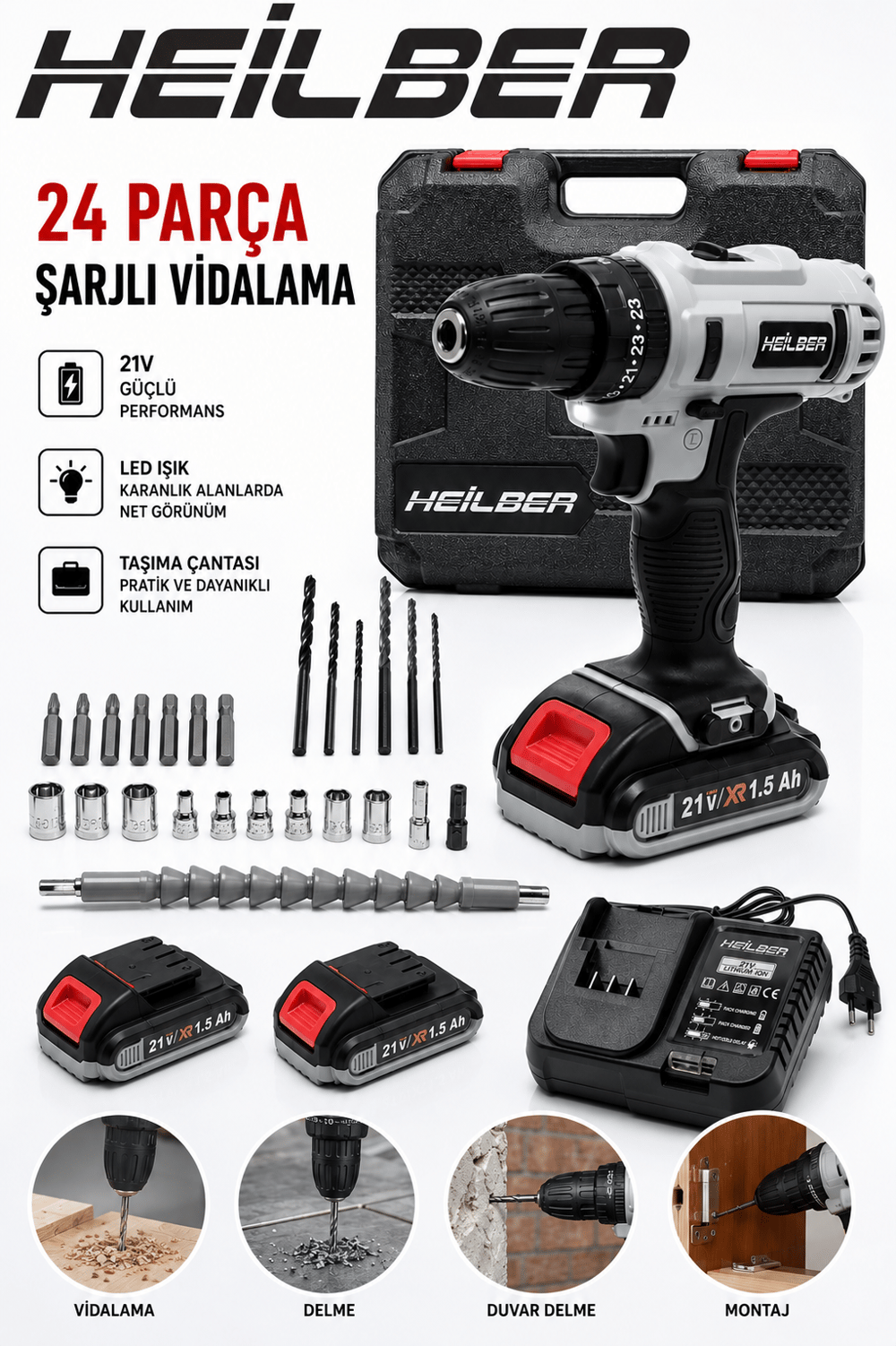BA011526 21V Akülü Matkap Şarjlı Vidalama Makinesi 24 Parça Set 2 Akü 1 Şarj Cihazı Çantalı Profesyonel
