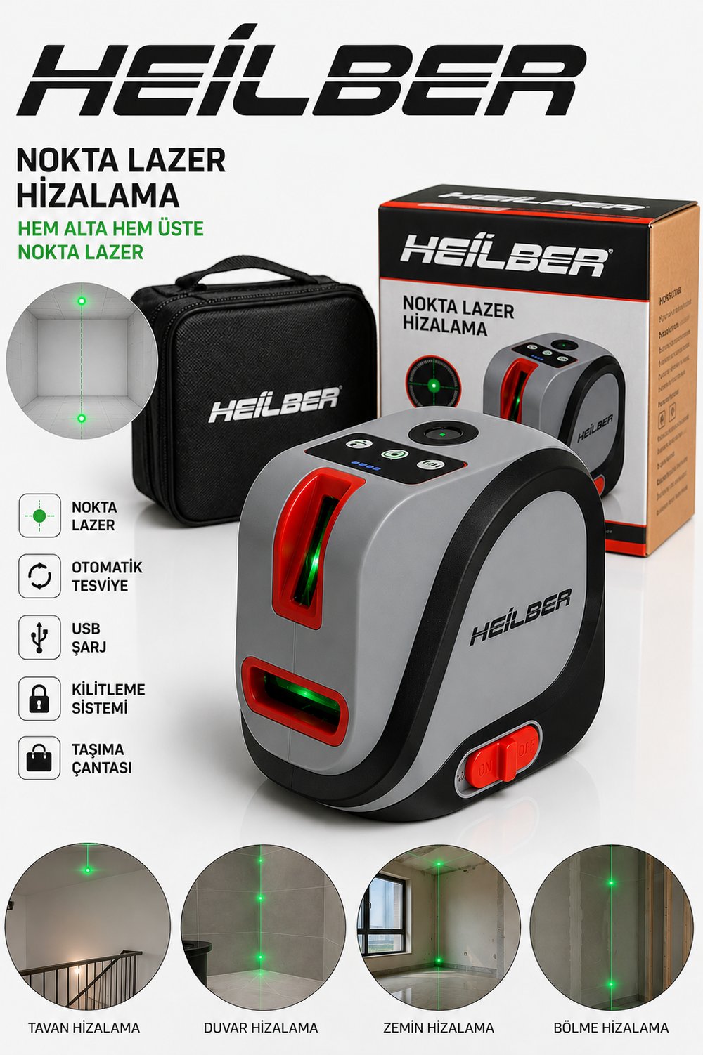 BA011527 Yeşil Nokta Lazer Hizalama Cihazı Otomatik Terazili Şaküllü Lazer USB Şarjlı Taşıma Çantalı