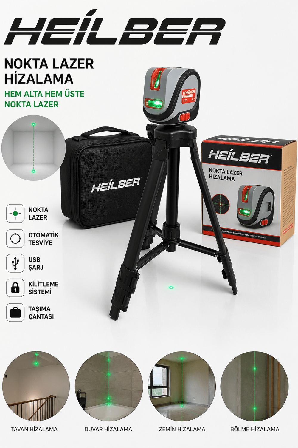 BA011528 Yeşil Nokta Lazer Hizalama Cihazı Otomatik Terazili Şaküllü Lazer USB Şarjlı Taşıma Çantalı Tripodlu