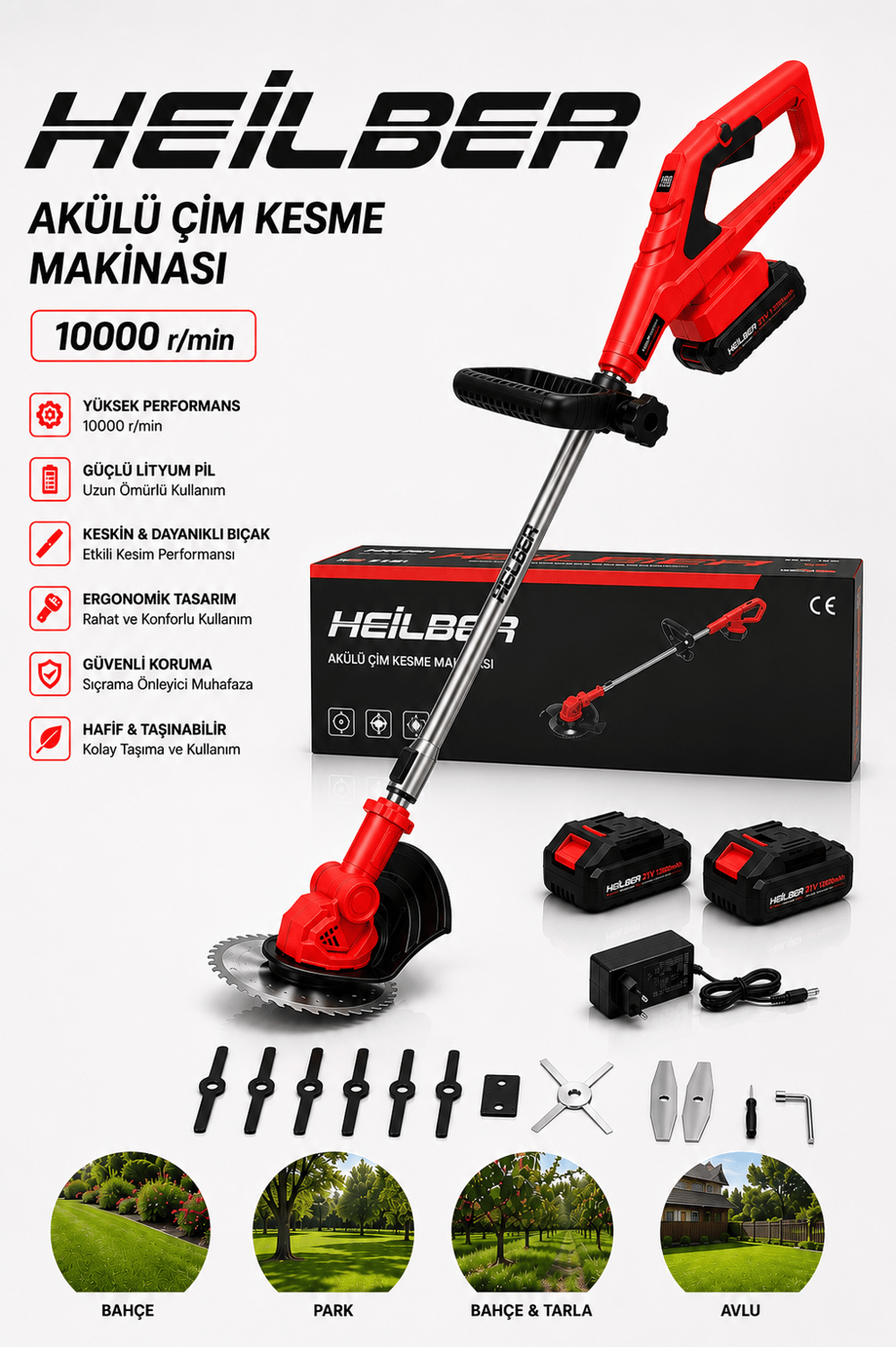 BA011529 Akülü Çim Biçme Makinesi 21V 10000 Devir 2 Bataryalı 1 Şarjlı  Ot Çim Kesme Makinesi Testere Bıçaklı