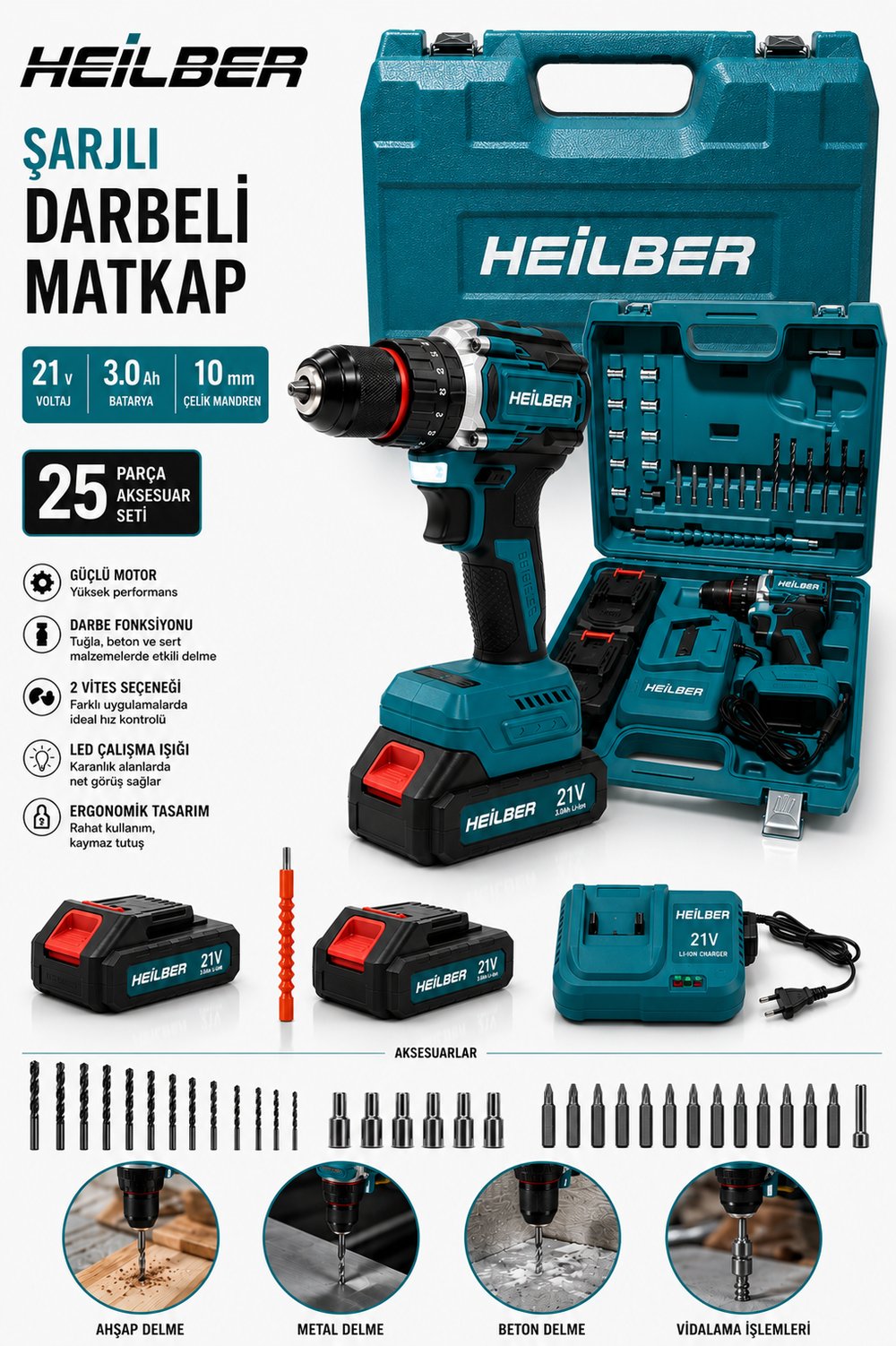 BA011530 Şarjlı Darbeli Matkap 21V Çift Akülü 3.0Ah 25 Parça Set 10 mm Çelik Mandren Vidalama Makinesi