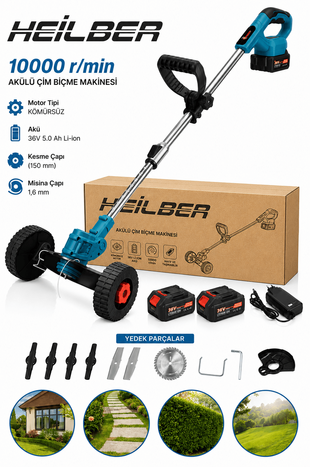 BA011531 Tekerlekli Akülü Çim Biçme Makinesi 36V Çift Akülü Kömürsüz Motor Misinalı Tırpan Ot Kesme Makinesi