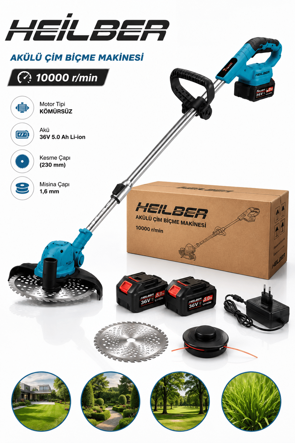 BA011533 Akülü Çim Biçme Makinesi 36V Çift Akülü Kömürsüz Motor Misinalı Tırpan ve Çelik Diskli Ot Biçme Makinesi