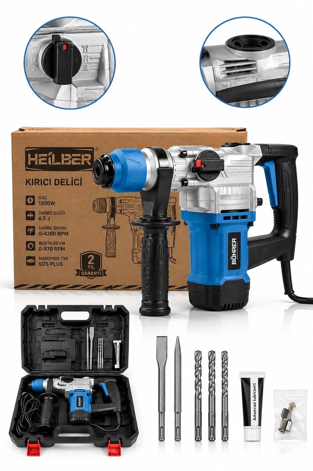 BA0115386 Profesyonel 1500 W 6,5 Joule SDS Plus Kırıcı Delici Hilti Matkap Uç Setli ve Taşıma Çantalı