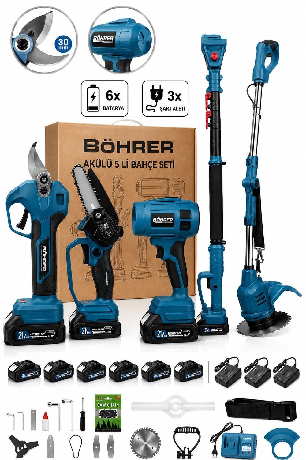 BA0115389 5'li 21V Akülü Bahçe Seti Tırpan Budama Makası Mini Testere Üfleme Makinesi 6 Batarya 3 Şarj