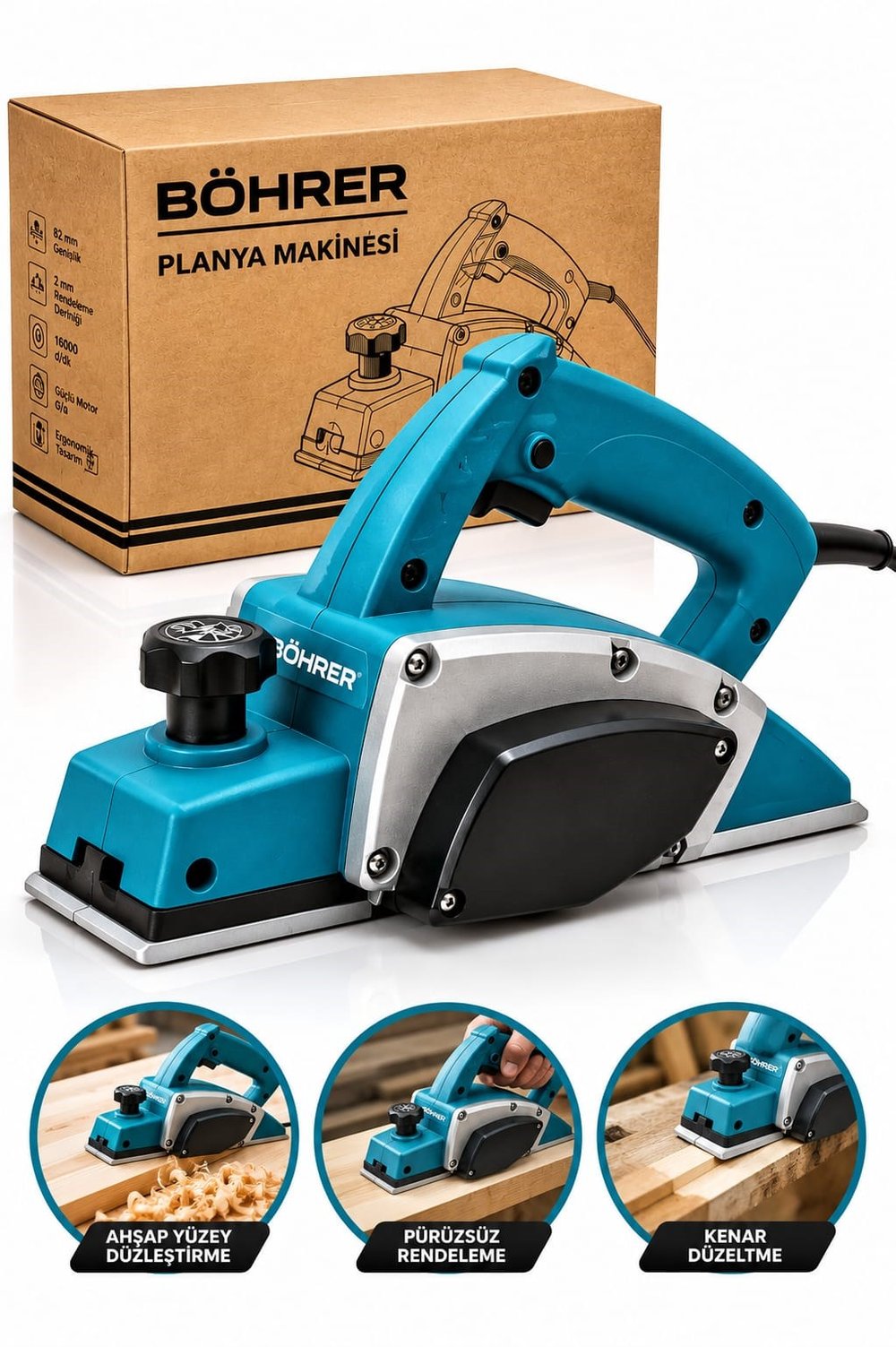 BA0115391 Elektrikli Planya Rende Makinesi 82 mm 16000 Devir 2 mm Ayarlanabilir Kesim Derinliği
