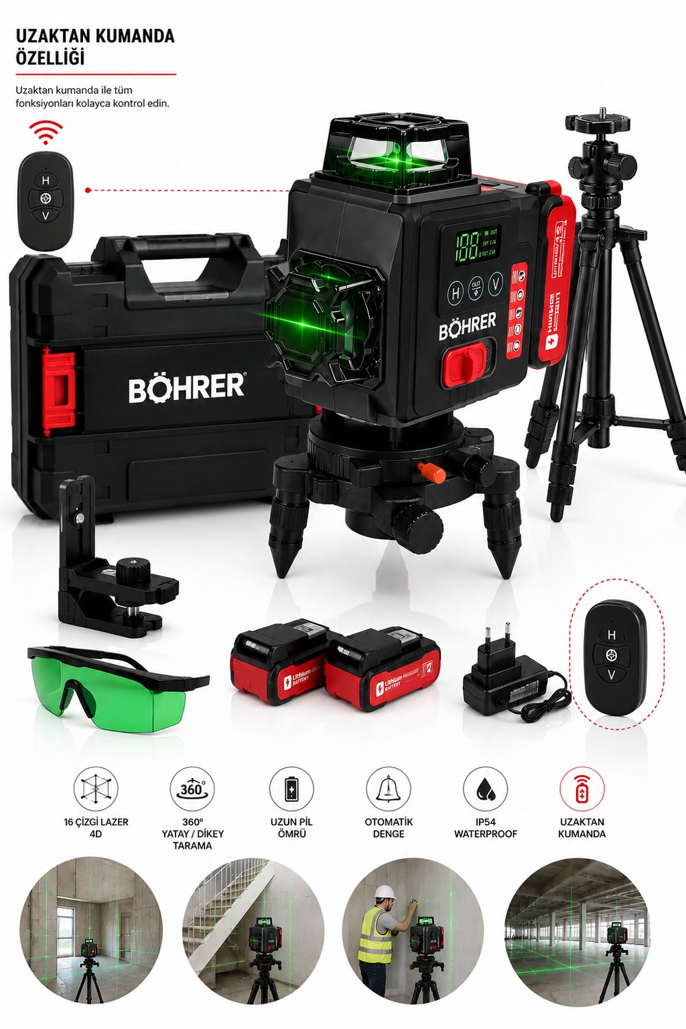 BÖHRER 16 Çizgi 4D Şarjlı Lazer Hizalama 360° Yeşil Lazer Uzaktan Kumandalı Tripodlu Çift Bataryalı Profesyonel Set