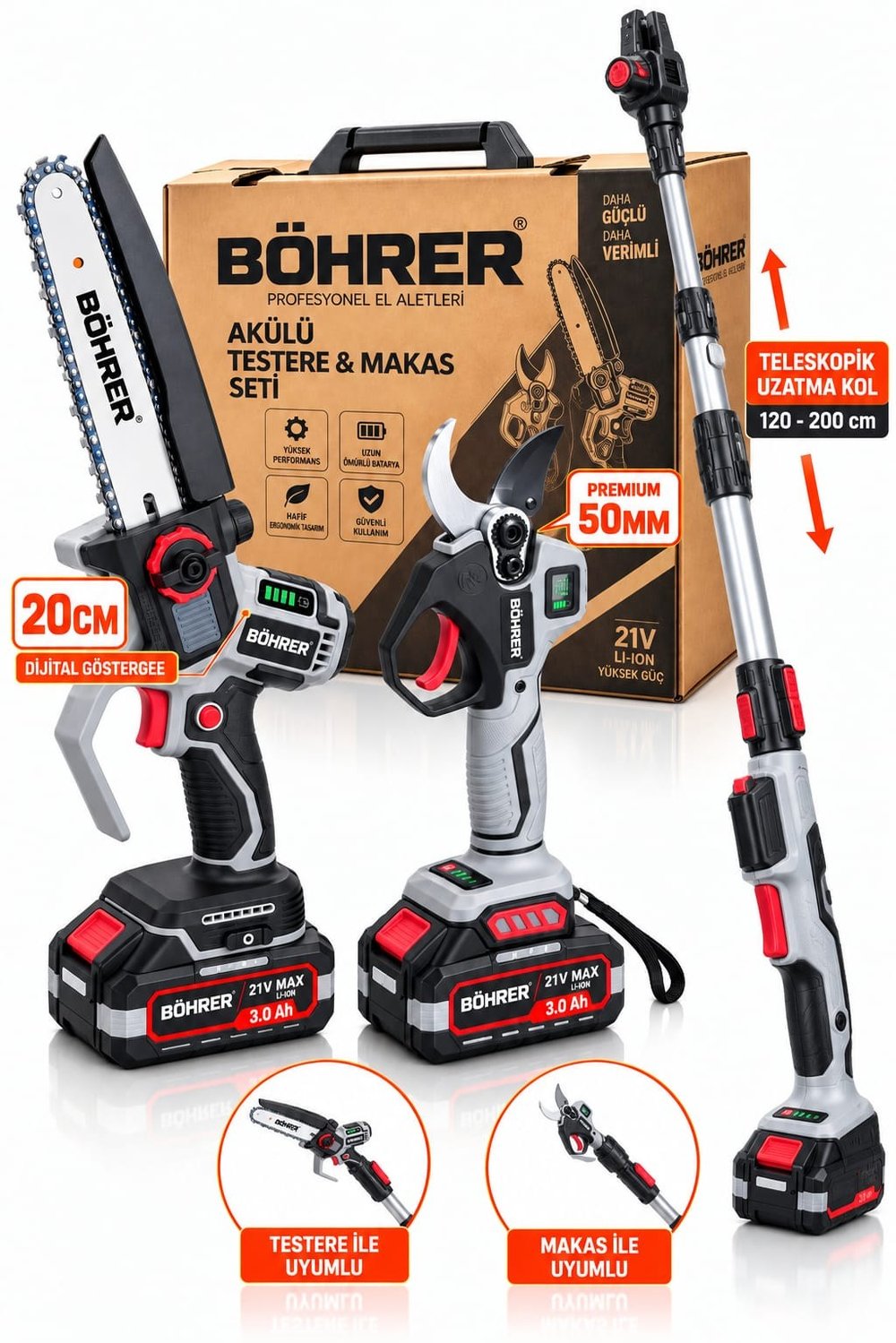 BÖHRER 21V 3.0Ah Çift Akülü Budama Seti – 50 mm Akülü Dal Budama Makası + 20 cm Mini Zincirli Testere + 120-200 cm Teleskopik Uzatma Kolu + Taşıma Çantası