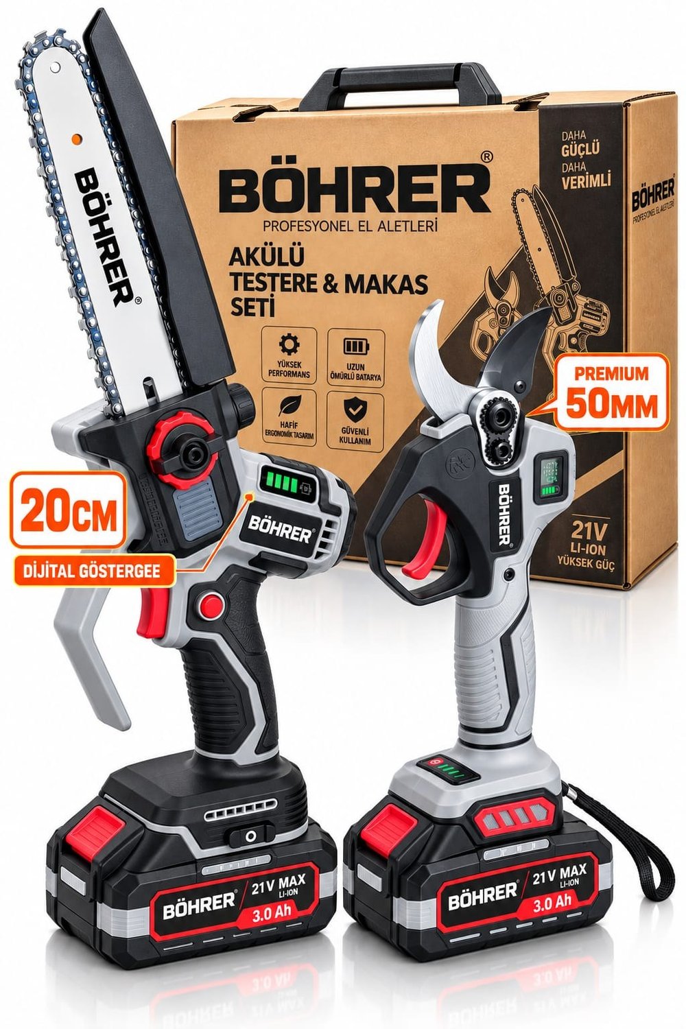BÖHRER 21V Max 3.0 Ah Akülü Budama Testeresi ve Makası Seti – 20 cm Pala, 50 mm Budama Makası, Çift Akülü
