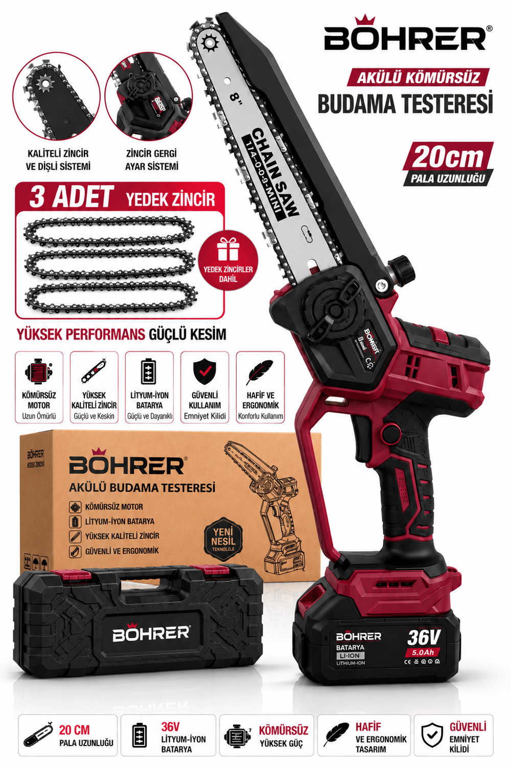 Böhrer 36V 8 İnç Akülü Budama Testeresi – Kömürsüz Motorlu, 3 Yedek Zincirli