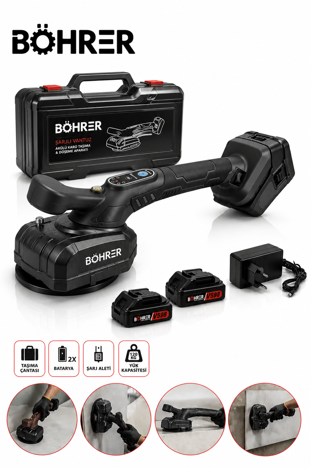 BÖHRER  BA011339 Titreşimli Şarjlı Vakumlu Vantuz 120 Kg Taşıma Kapasiteli 2 Bataryalı Cam Fayans Mermer Granit Taşıma Aparatı