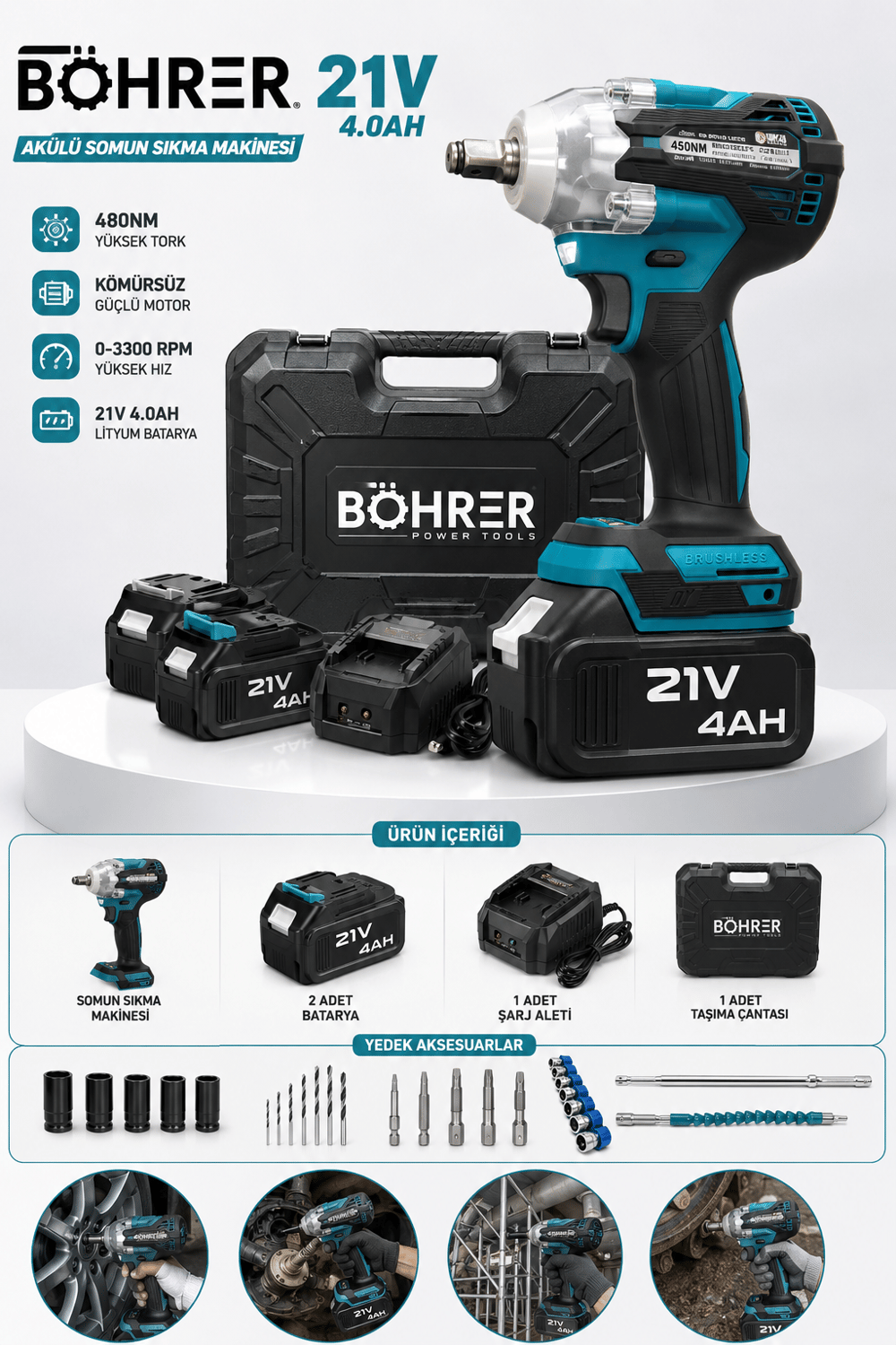 BÖHRER BA011350 PRO ÇİFT AKÜLÜ 450NM SOMUN SIKMA MAKİNESİ - AĞIR HİZMET TİPİ KULLANIM 