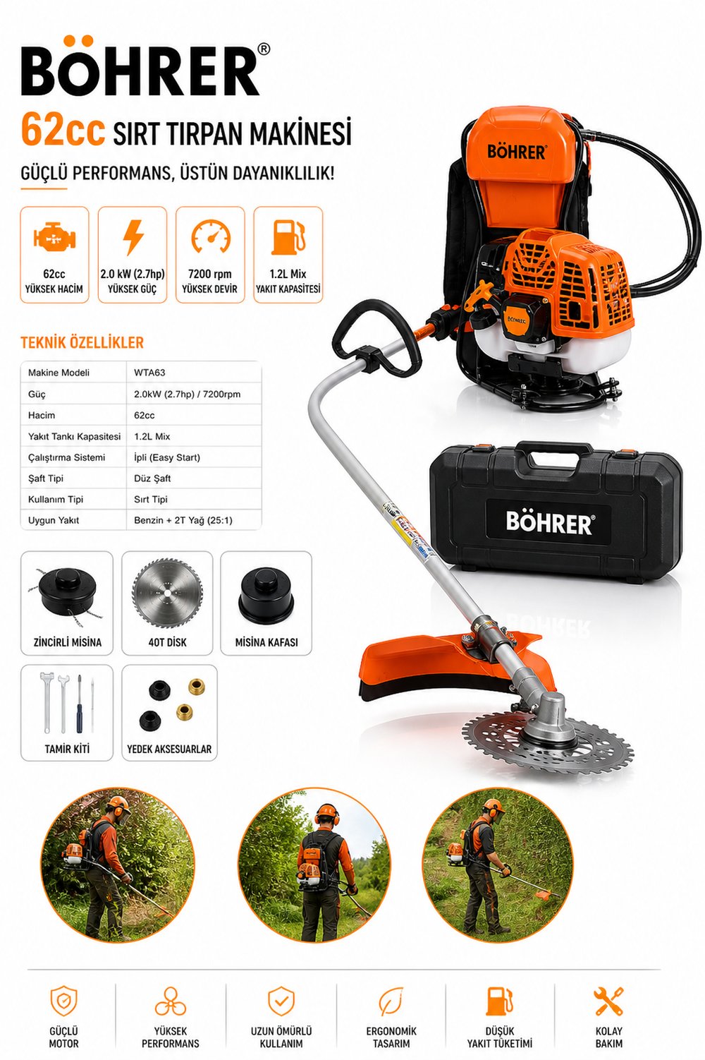 BÖHRER BA011358 PRODESYONEL SIRT TİPİ BENZİNLİ ÇALI DİKEN ÇİM BİÇME TIRPAN MAKİNESİ