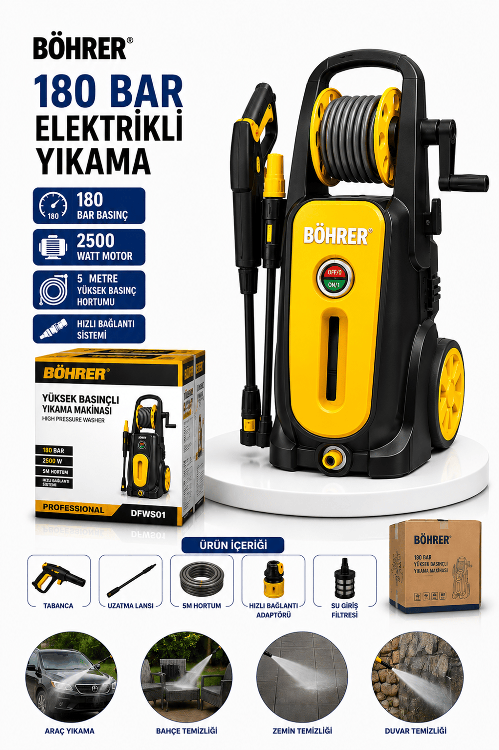 BÖHRER BA011361 PROFESYONEL YENİ NESİL 180 BAR YÜKSEK BASINÇLI ARAÇ OTO BAHÇE YIKAMA MAKİNESİ