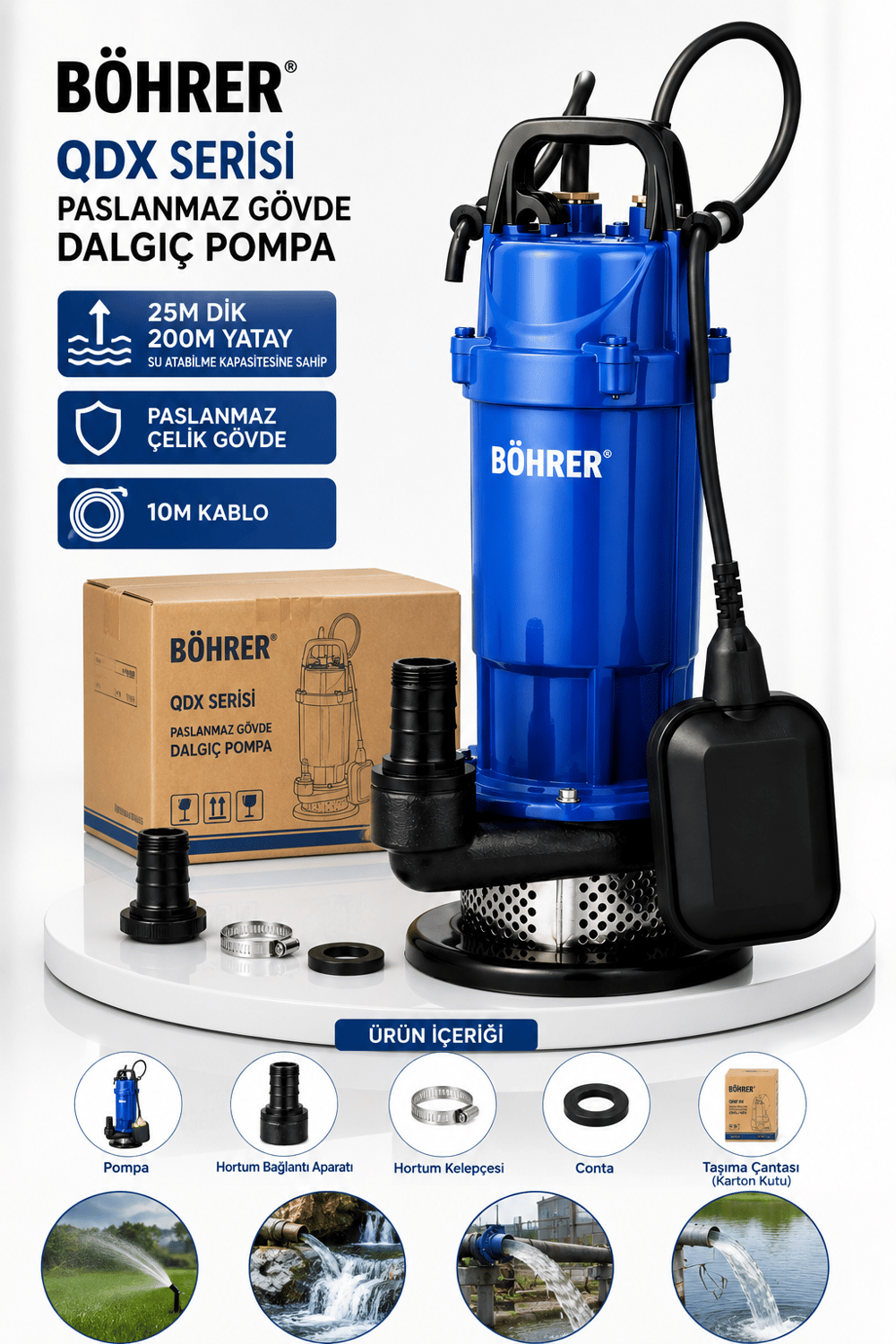 BÖHRER BA011362 QDX SERİSİ +10M KABLO 25M DİK 200M YATAY PASLANMAZ ÇELİK GÖVDE TEMİZ SU DALGIÇ POMPA