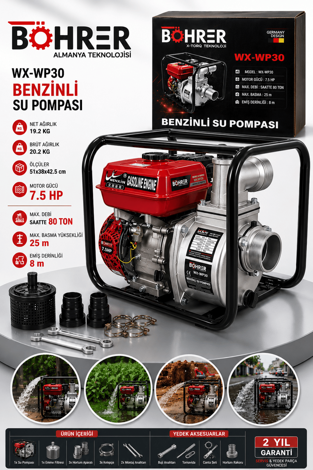 BÖHRER BA011364 BENZİNLİ SU POMPASI - SAATE 80 TON SU - 8M EMİŞ - 25M DİK - 3 PARMAK-80A-3İNÇ