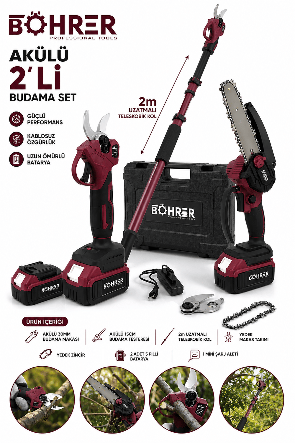 BÖHRER BA011371 2 AKÜLÜ 30MM DAL BUDAMA MAKASI VE 15CM TESTERE + TELESKOPİK UZATMA KOLU
