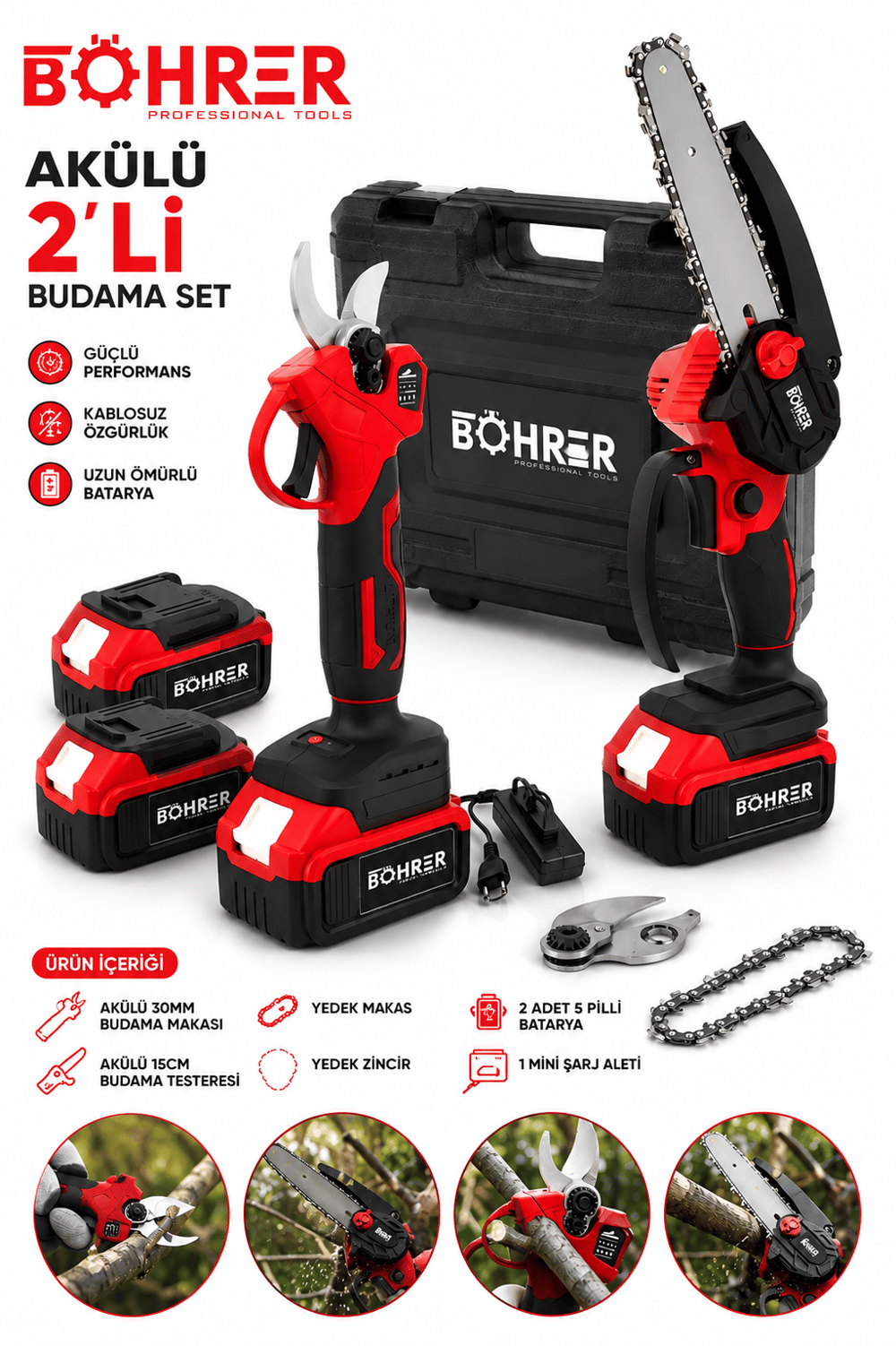 BÖHRER BA011374 2 AKÜLÜ DAL BUDAMA SETİ - 30MM MAKAS + 10-15CM TESTERE 