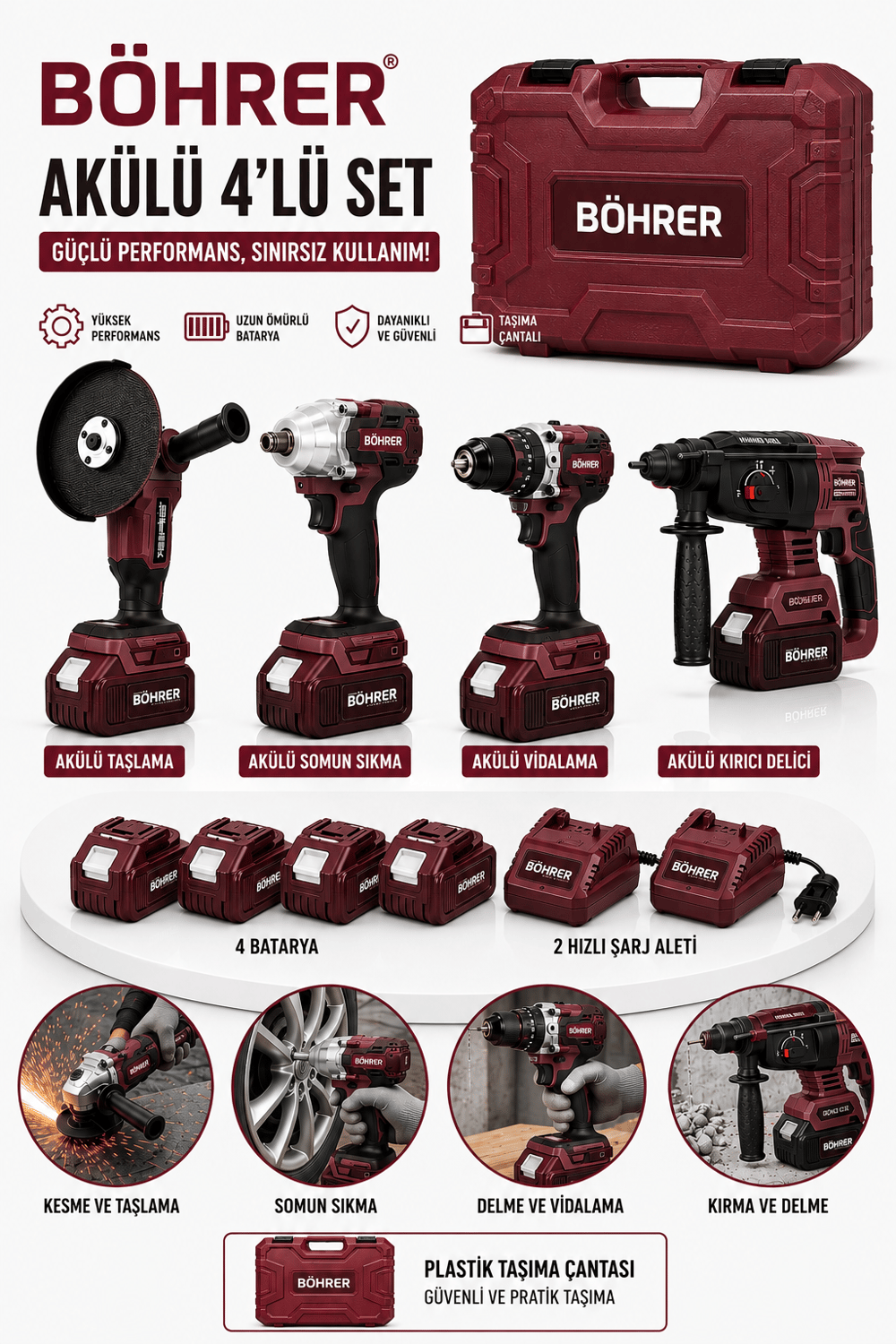 BÖHRER BA011396 4 BATARYA 2 ŞARJ ALETİ 4 MAKİNE KOMBO SET - 36V 5AH