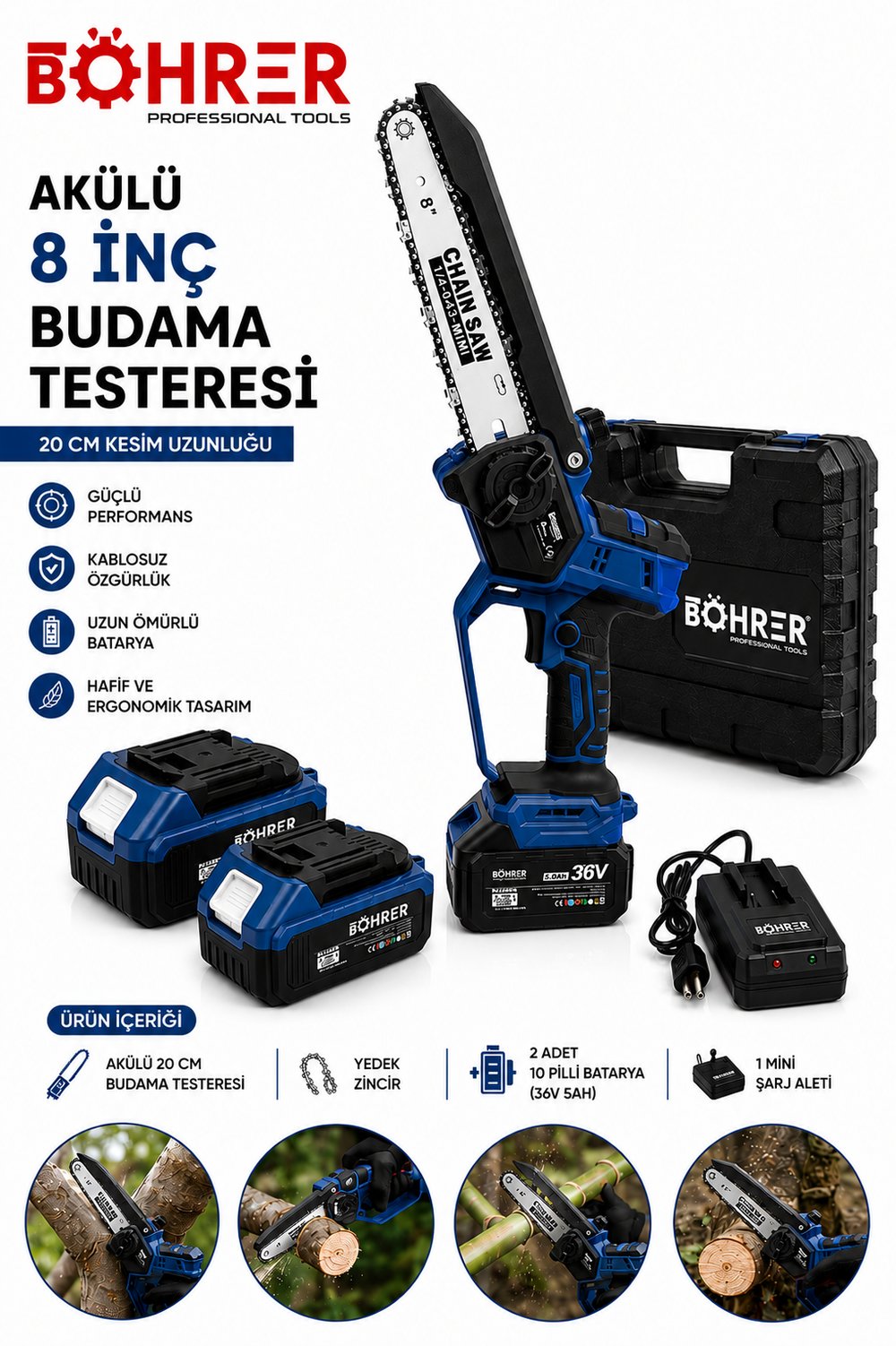 BÖHRER BA011398 ÇİFT AKÜLÜ 20CM BUDAMA TESTERESİ - KÖMÜRSÜZ - 36V 5AH