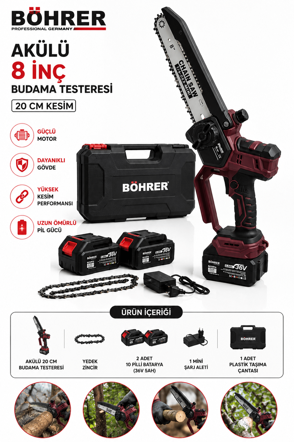 BÖHRER BA011408 2 AKÜLÜ KÖMÜRSÜZ 20CM DAL BUDAMA TESTERESİ 10 PİLLİ 36V 5AH