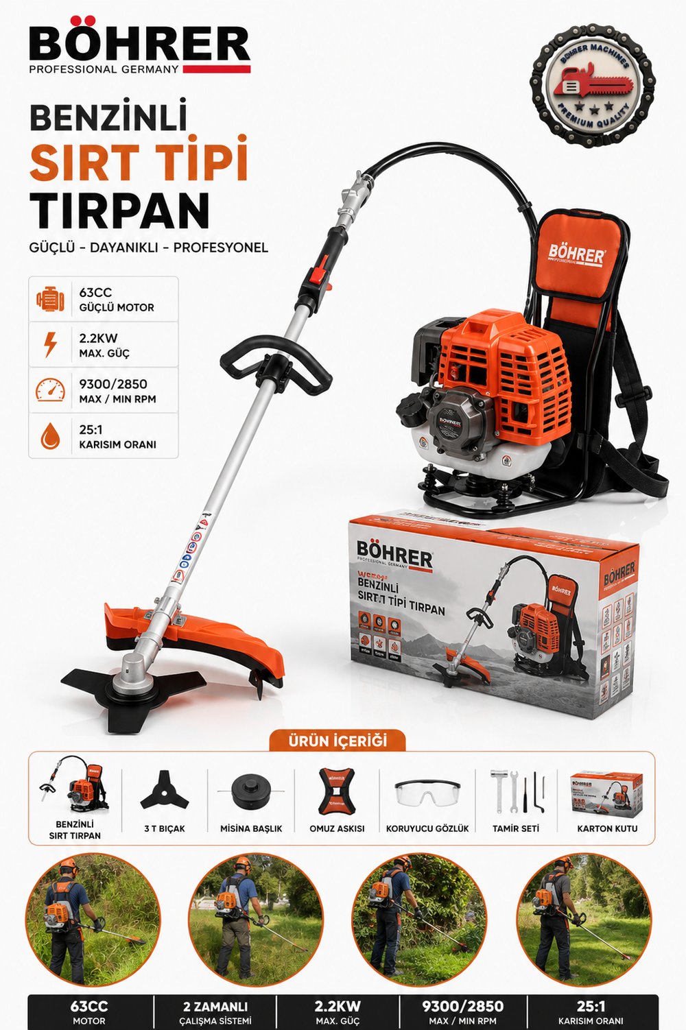 BÖHRER BA011411 BENZİNLİ SIRT TİPİ PROFESYONEL TIRPAN - ÇALI DİKEN ÇİM MAKİNESİ
