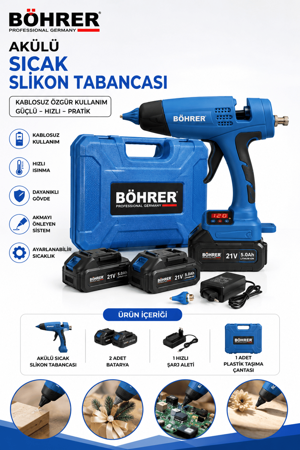 BÖHRER BA011412 AKÜLÜ YENİ MODEL SICAK SLİKON TABANCASI - 36V 5AH 
