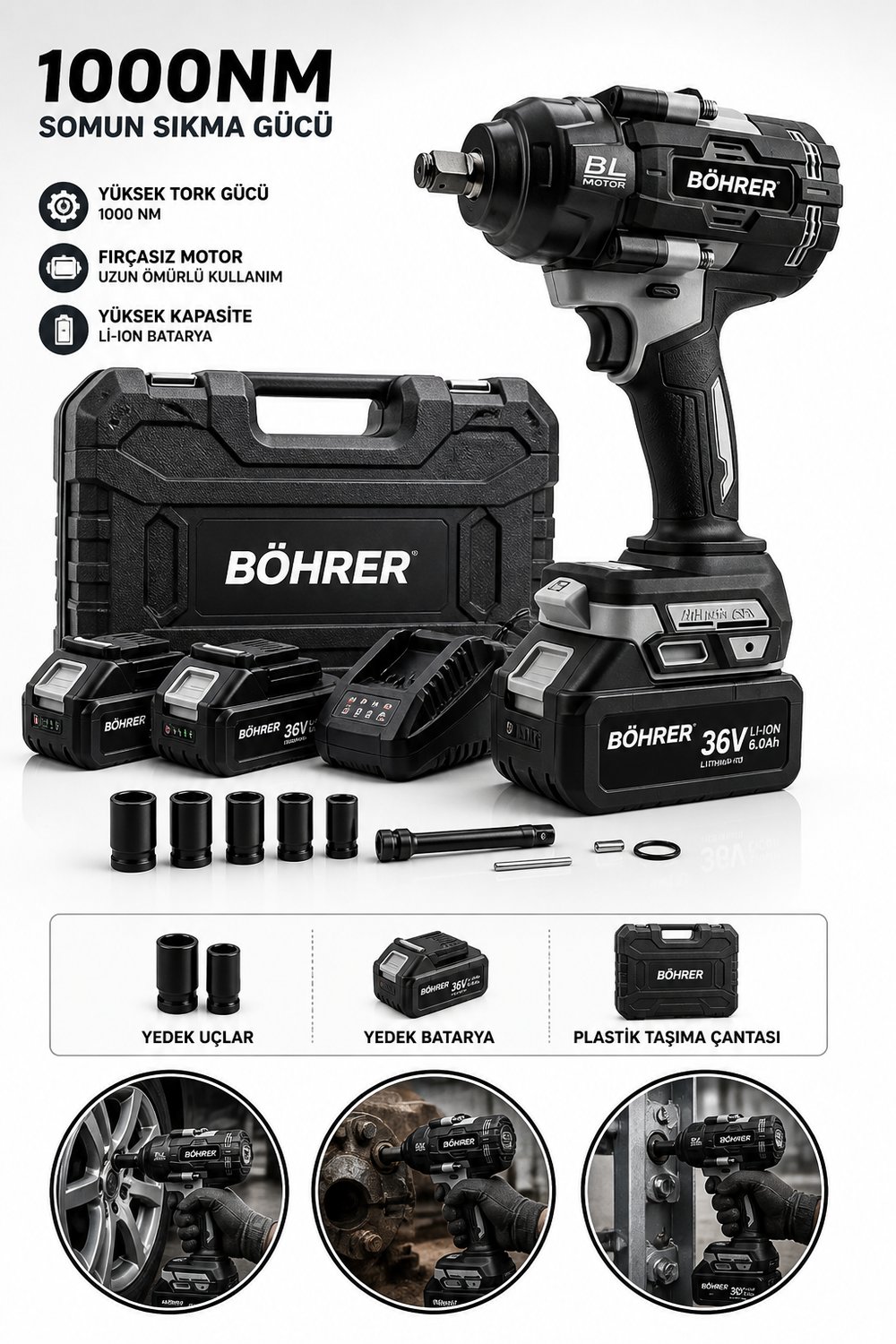 BÖHRER BA011416 BİJON SÖKME 2 AKÜLÜ 1000NM PROFESYONEL SOMUN SIKMA MAKİNESİ - 15 PİLLİ 36V 5AH