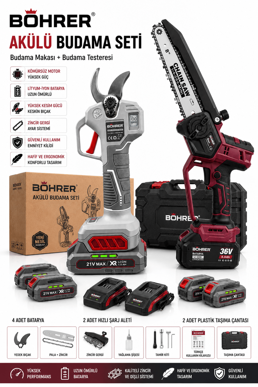 BÖHRER BA011437 PRO KÖMÜRSÜZ 2 Lİ SET 20CM BUDAMA TESTERESİ + 30MM DİJİTAL DAL BUDAMA MAKASI 
