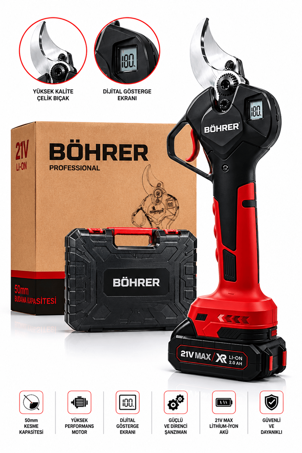BÖHRER BA011438 2 AKÜLÜ DİJİTAL GÖSTERGE 21V 2AH 50MM AKÜLÜ DAL BUDAMA BAĞ MAKASI