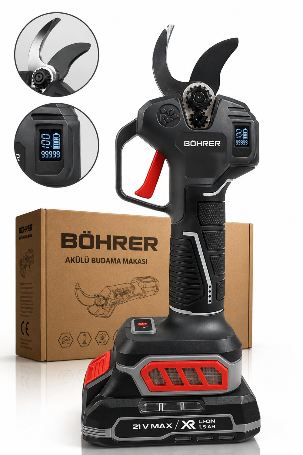 BÖHRER BA011441 PRO SERİ 2 AKÜLÜ DİJİTAL GÖSTERGELİ 30MM - ÇİFT KADEMELİ DAL BUDAMA MAKASI