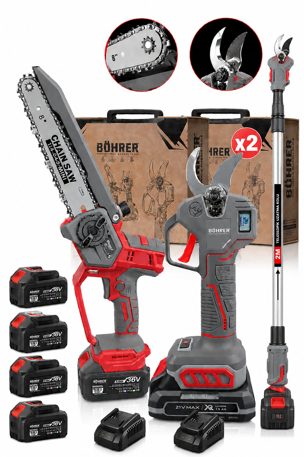 BÖHRER BA011447 30MM BUDAMA MAKASI + 20CM BUDAMA TESTERESİ + 2M TELESKOPİK KOL