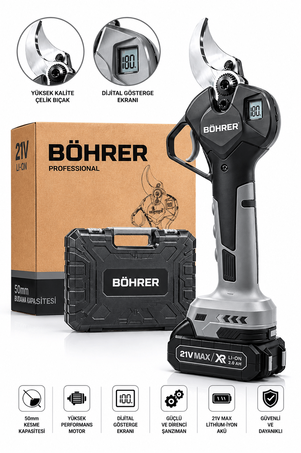 BÖHRER BA011450 PRO SERİ 50MM AKÜLÜ DAL BUDAMA MAKASI - 21V 2AH