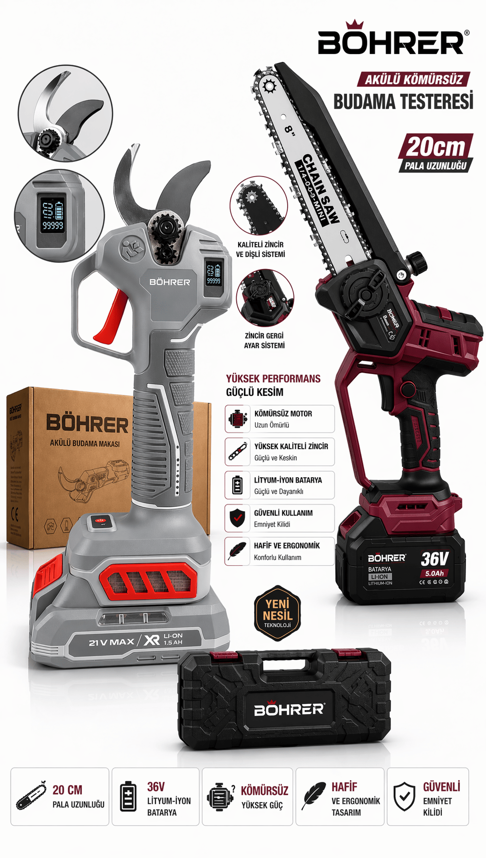 BÖHRER BA011453 4 BATARYA DİJİTAL BUDAMA MAKİNESİ + 20CM ZİNCİRLİ BUDAMA TESTERESİ