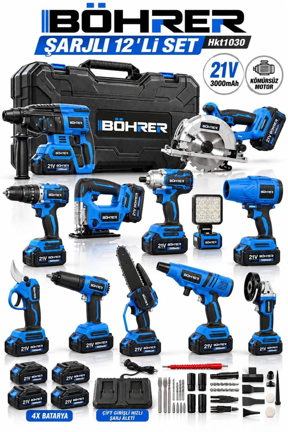 Böhrer HKT1030 21V 12'li Şarjlı Kombo Set – Kömürsüz Motorlu Profesyonel Akülü El Aletleri