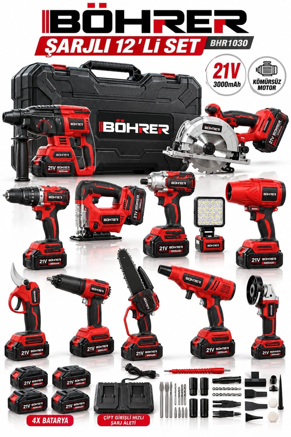Böhrer HKT1030 21V 12'li Şarjlı Kombo Set – Kömürsüz Motorlu Profesyonel Akülü El Aletleri