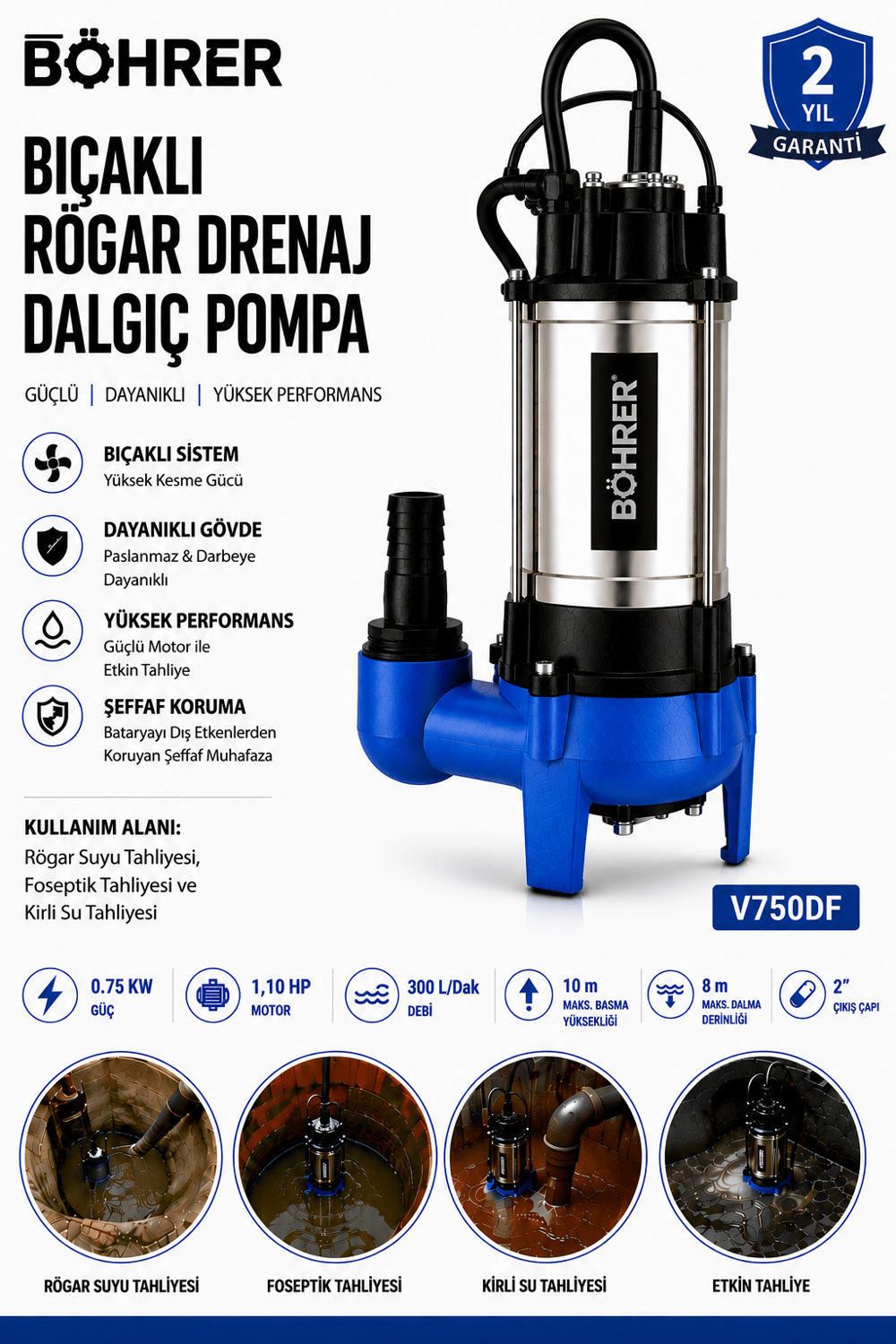 BÖHRER V750DF Bıçaklı Rögar Drenaj Dalgıç Pompa 1.10 HP 300 L/Dak Kirli Su Foseptik ve Atık Su Tahliye Pompası 2