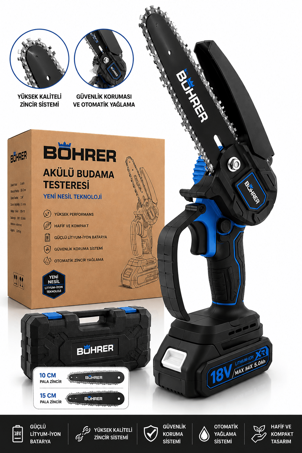 BÖRHER BA011435 2 AKÜLÜ 10 VE 15CM PALA ZİNCİRLİ ZİNCİRLİ DAL BUDAMA TESTERESİ - 21V 1.5AH 