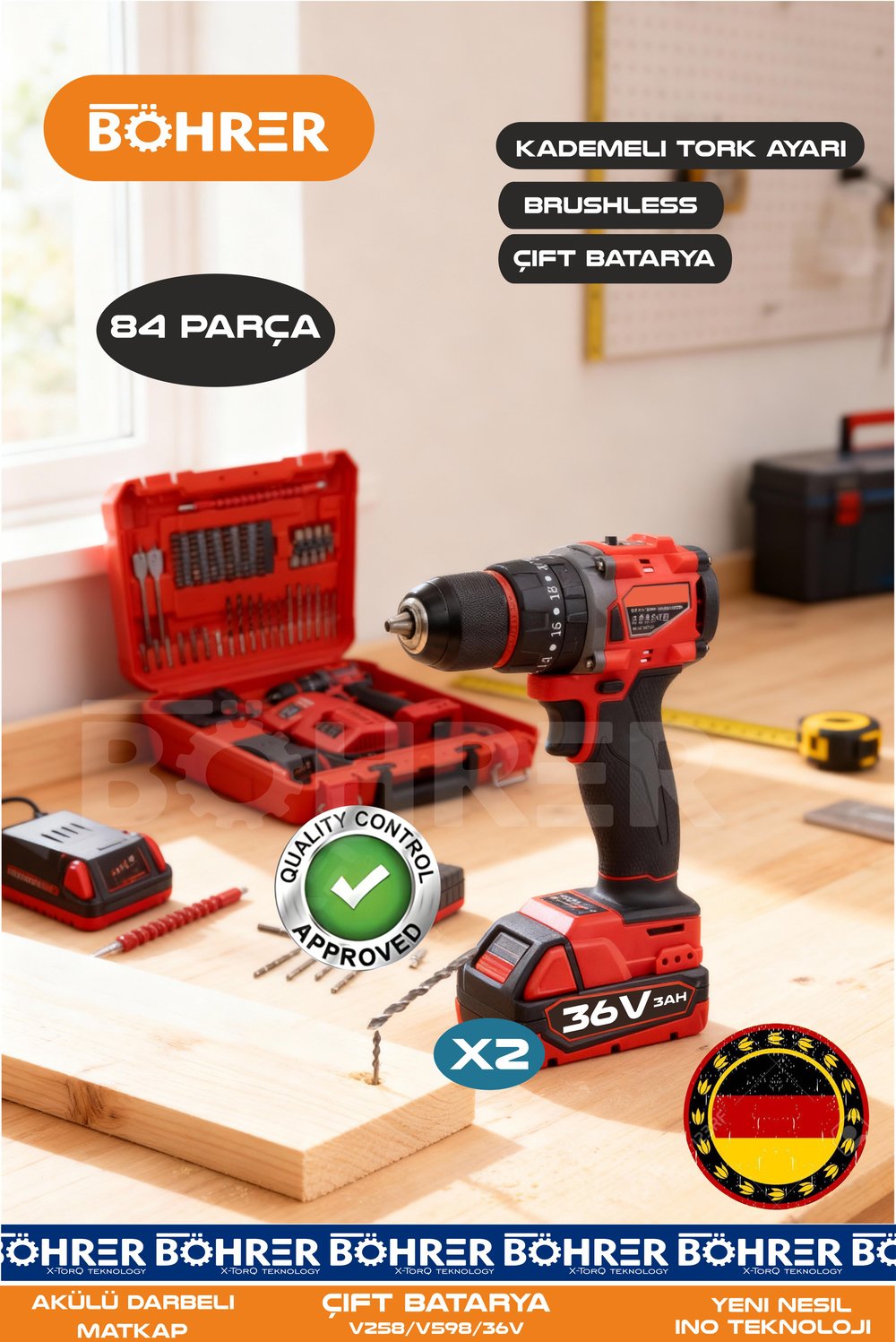 ÇİFT BATARYA YENİ MODEL 36V 3AH PRO SERİ DARBELİ TORKLU VİDALAMA ŞARJLI MATKAP