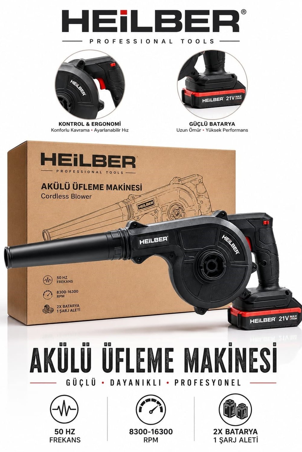 HEILBER Akülü Üfleme Makinesi 21V Yaprak ve Toz Üfleme Blower 2 Batarya 1 Şarj Aleti Hız Ayarlı