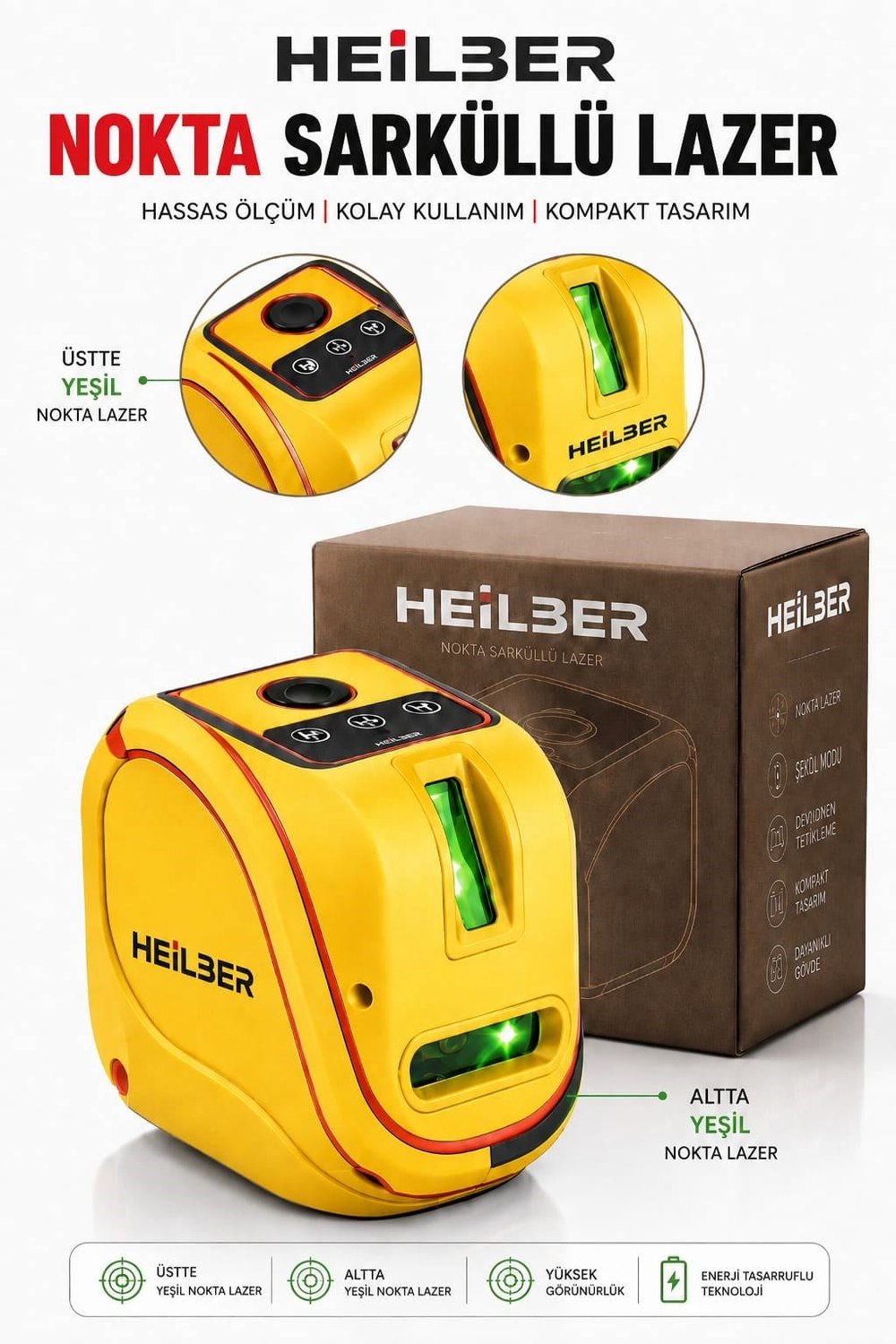 HEİLBER Yeşil Nokta Şaküllü Lazer Hizalama Cihazı Profesyonel Lazer Terazi Kompakt