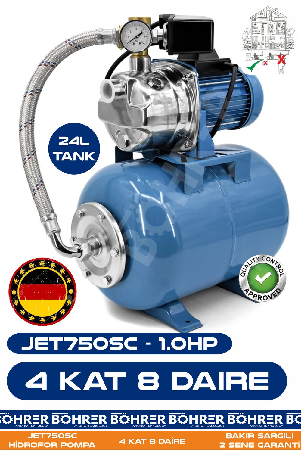 JET750SC 1.0 HP Paslanmaz Giriş Çıkış 24L Yatay Genleşme Tank  -- Otomatik Hidrofor Bina Bahçe Su Pompası – 4 Kat 8 Daire - Su Basıncında Profesyonel Çözüm