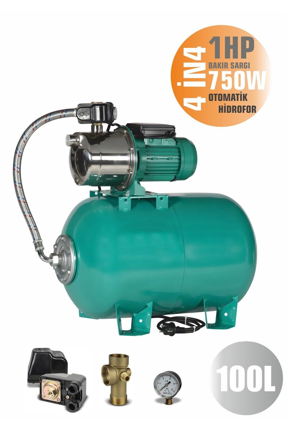 Jet750sc Bakır 100litre Yatay 1hp Tanklı Otomatik Aç-kapa Otomatik - Paket Hidrofor-4kat-12daire