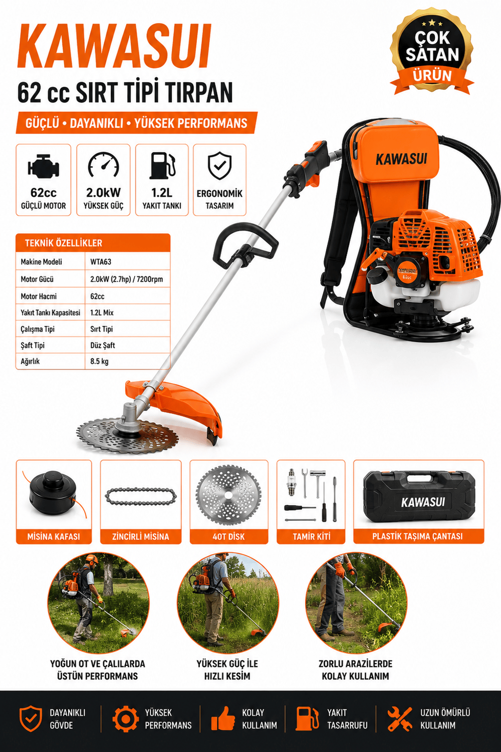 KAWASUI 62CC 2.0 KW 2.7 HP SIRT7 TİPİ BENZİNLİ TIRPAN MAKİNESİ - WTA263