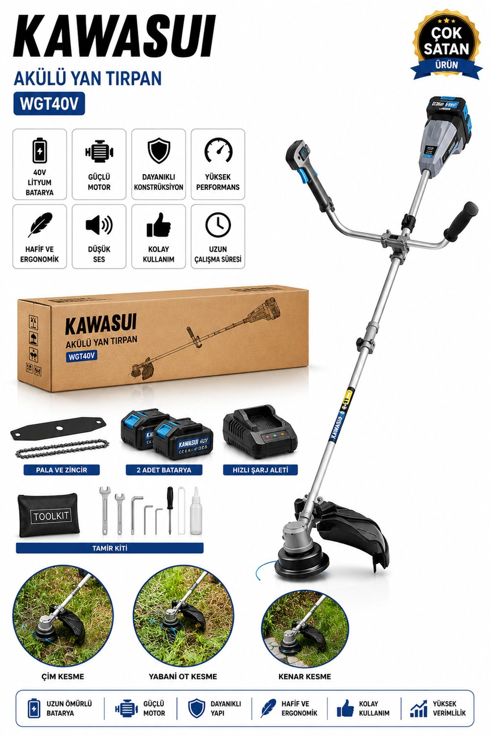 KAWASUI YAN TİPİ ÇİFT BATARYA AKÜLÜ ÇİM BİÇME TIRPAN MAKİNESİ + YEDEK AKSESUARLAR