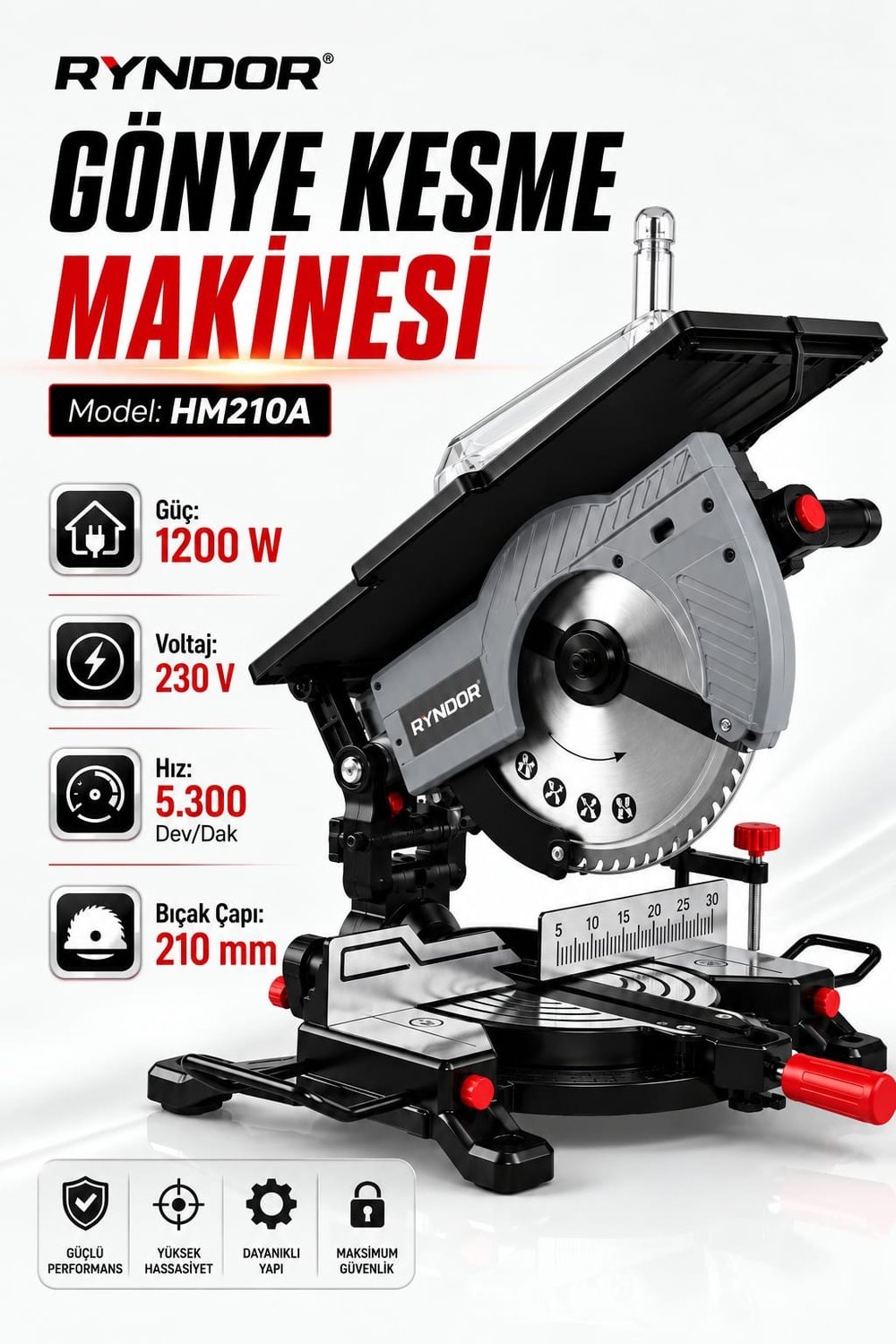 RYNDOR HM210A 1200 W 210 mm Gönye Kesme Makinesi – 230 V, 5300 Dev/Dak, Üst Tablalı Elektrikli Kesim Makinesi